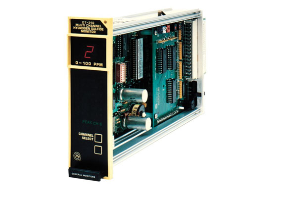 The DT210 is an eight-channel Readout / Relay Module designed for use with up to eight of our remotely located H2S Intelligent Sensors. The front panel contains a digital display that indicates 0-20 ppm (parts per million), 0-50 ppm, or 0-99 ppm of the hydrogen sulfide gas monitored by the Intelligent Sensors.